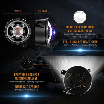 Lot de 2 9″ RGB phares de remplacement Bluetooth commande pour Jeep Wrangler JL JLU Sport Rubicon Sahara Gladiator JT 2019 2