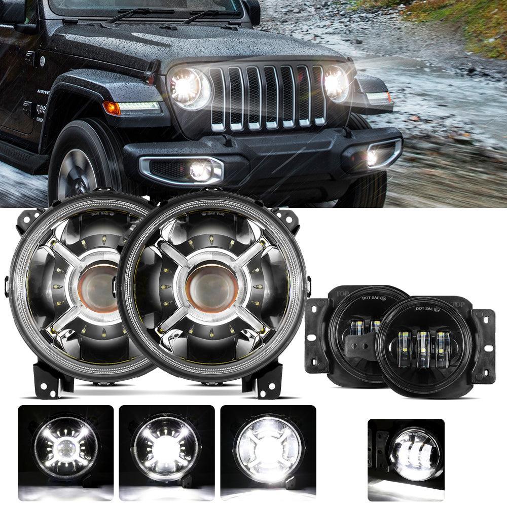 9'' Round 100W LED Headlights avec DRL & 4'' 30W LED Fog Lights pour 2018-2022 Jeep Wrangler JL, 2019-2022 Gladiator JT