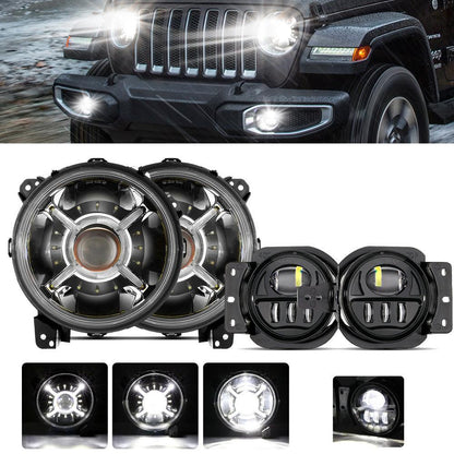 9″ rond 100 W phares LED avec DRL & 4″ 30 W LED antibrouillards avec Adapter Ring pour Jeep Wrangler JL 2018–2019 – NOVADOMIO