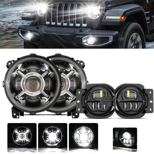 9'' Round 100W LED Headlights avec DRL & 4 Inch 30W LED Fog Lights avec Adapter Ring pour Jeep Wrangler JL 2018-2019