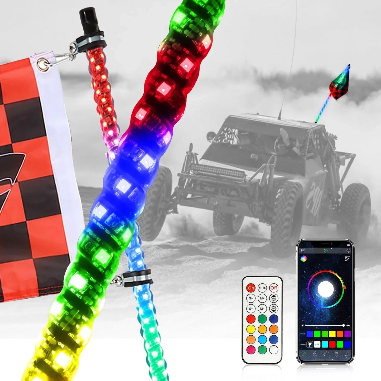 3FT/4FT RGB LED Whip Light Rotating Color Changing Flag Pole avec Bluetooth Controlled