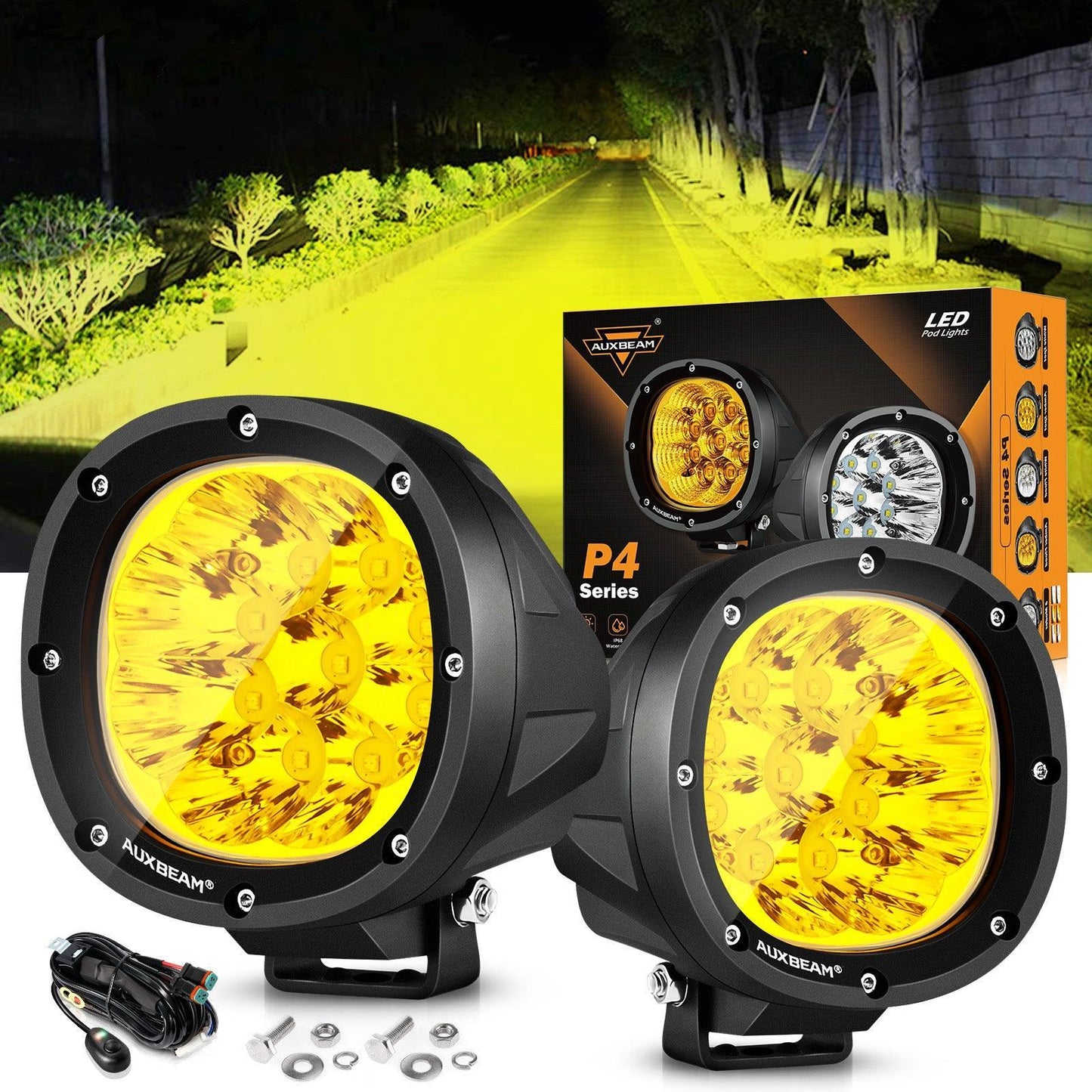 P4 série | 4 Inch 90W Round LED Driving Lights Spot orange Pod Lights