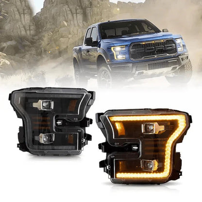 LED bloc optique avant projecteur double faisceau noir pour 2015–2017 Ford F150 (compatible Factory Halogen Version seule)