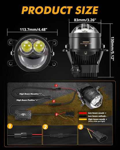 3″ 106 W feux de route 70 feux de croisement Bi-LED lentille projecteur antibrouillard 6 000 K Dual Direct-Beam Laser spot