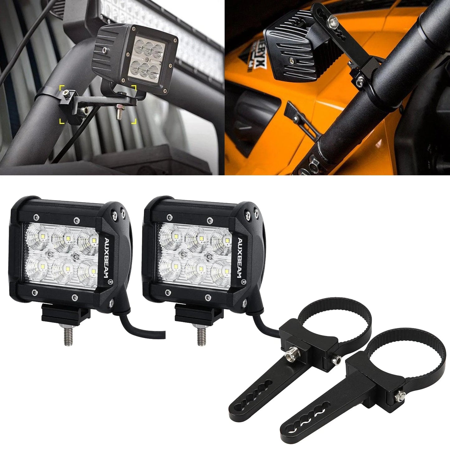 4 inch Classic-SM série Dual Row Projecteurs LED compacts Spot/faisceau large & 2.5 Inch Bull Bar Roll Cage Clamps Mounting…