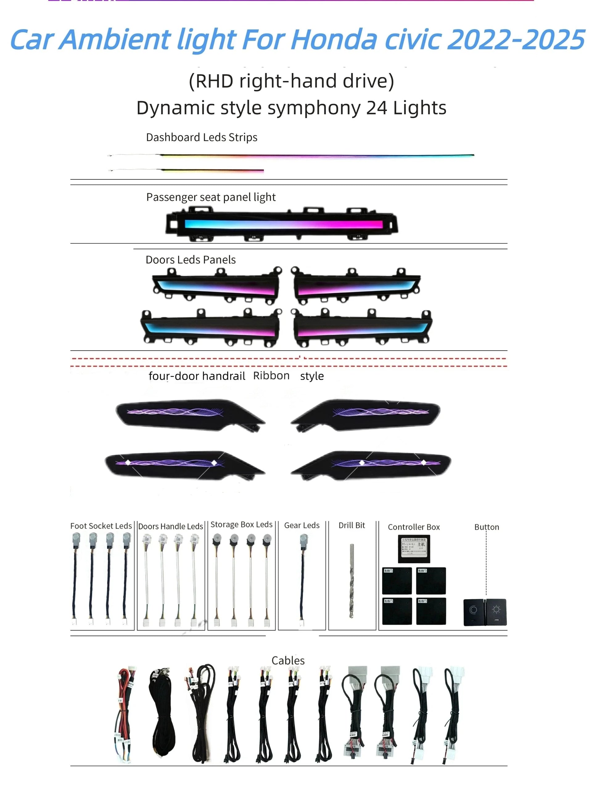 Kit éclairage LED d’ambiance intérieur pour Honda Civic 11th Gen (2022-2025) – RHD – vue 12