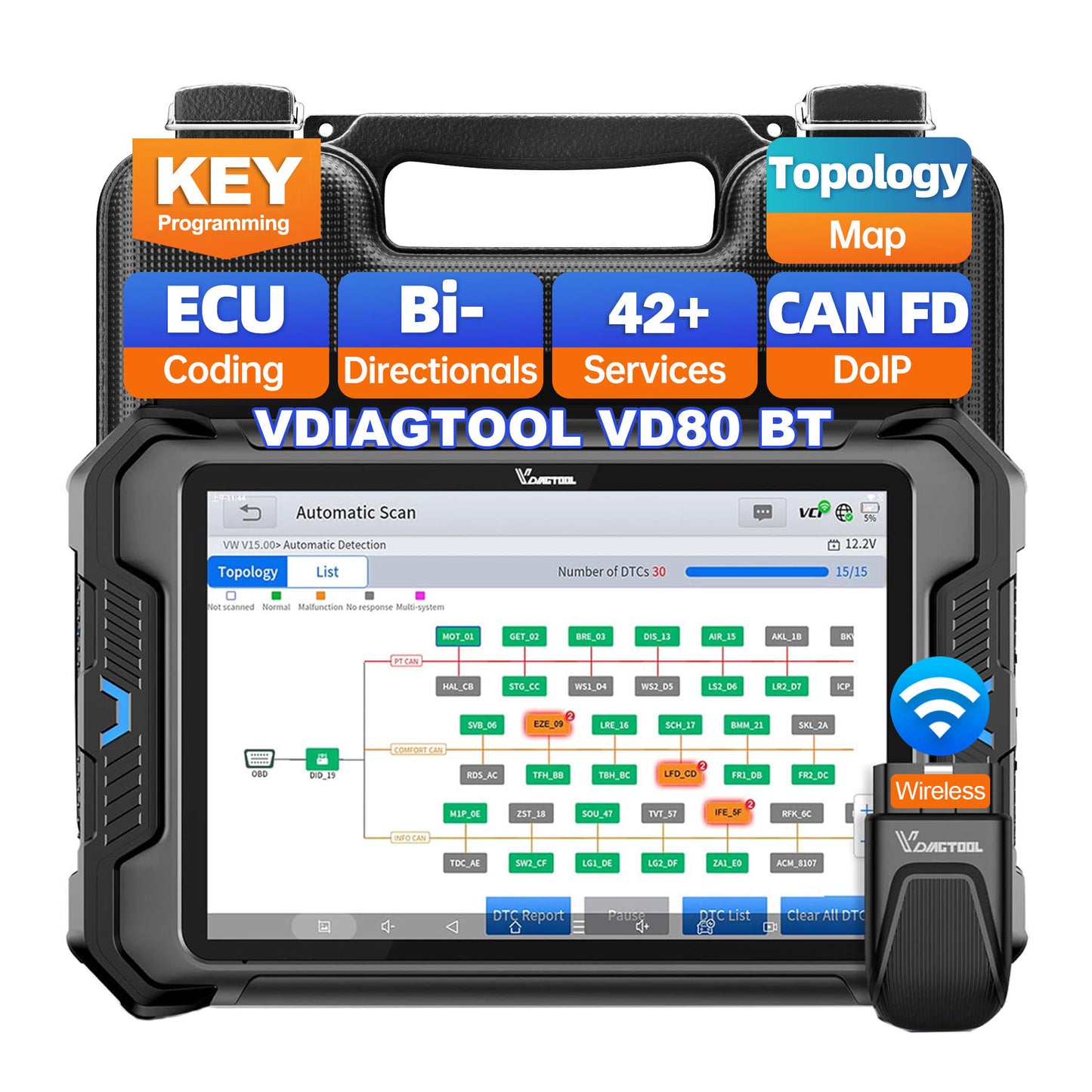 VDIAGTOOL VD80BT – Scanner OBD2 sans fil bidirectionnel