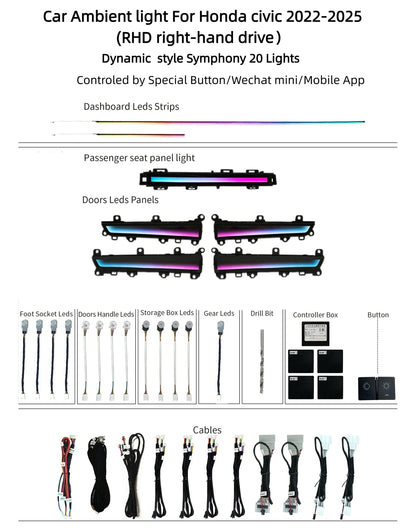 Kit éclairage LED d’ambiance intérieur pour Honda Civic 11th Gen (2022-2025) – RHD – vue 10 – NOVADOMIO