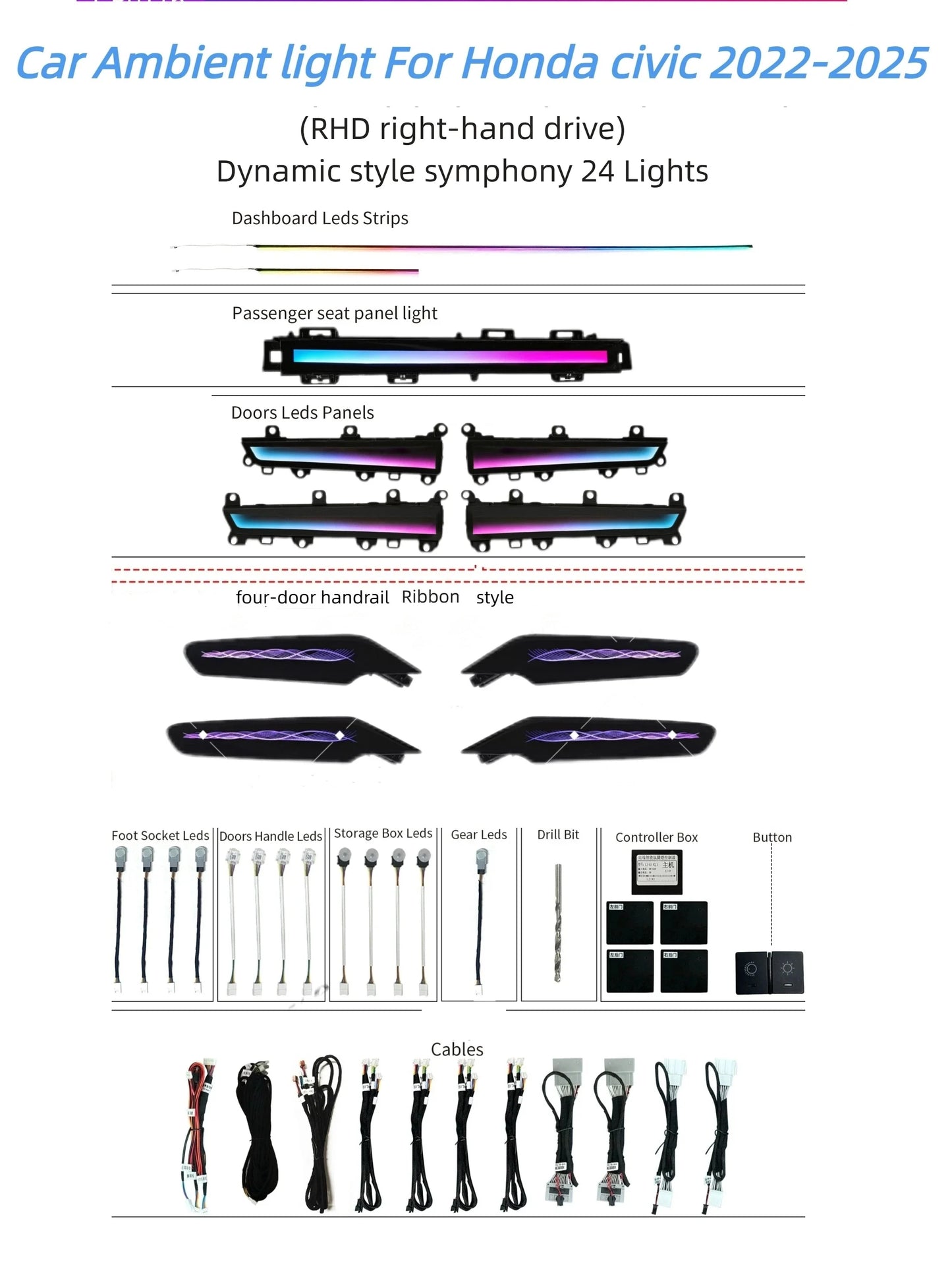 Kit éclairage LED d’ambiance intérieur pour Honda Civic 11th Gen (2022-2025) – RHD – vue 2