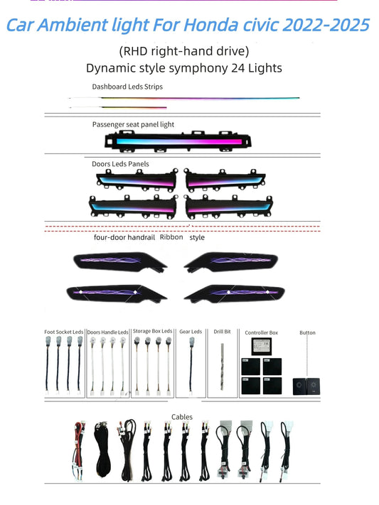 Kit éclairage LED d’ambiance intérieur pour Honda Civic 11th Gen (2022-2025) – RHD – vue 2 – NOVADOMIO