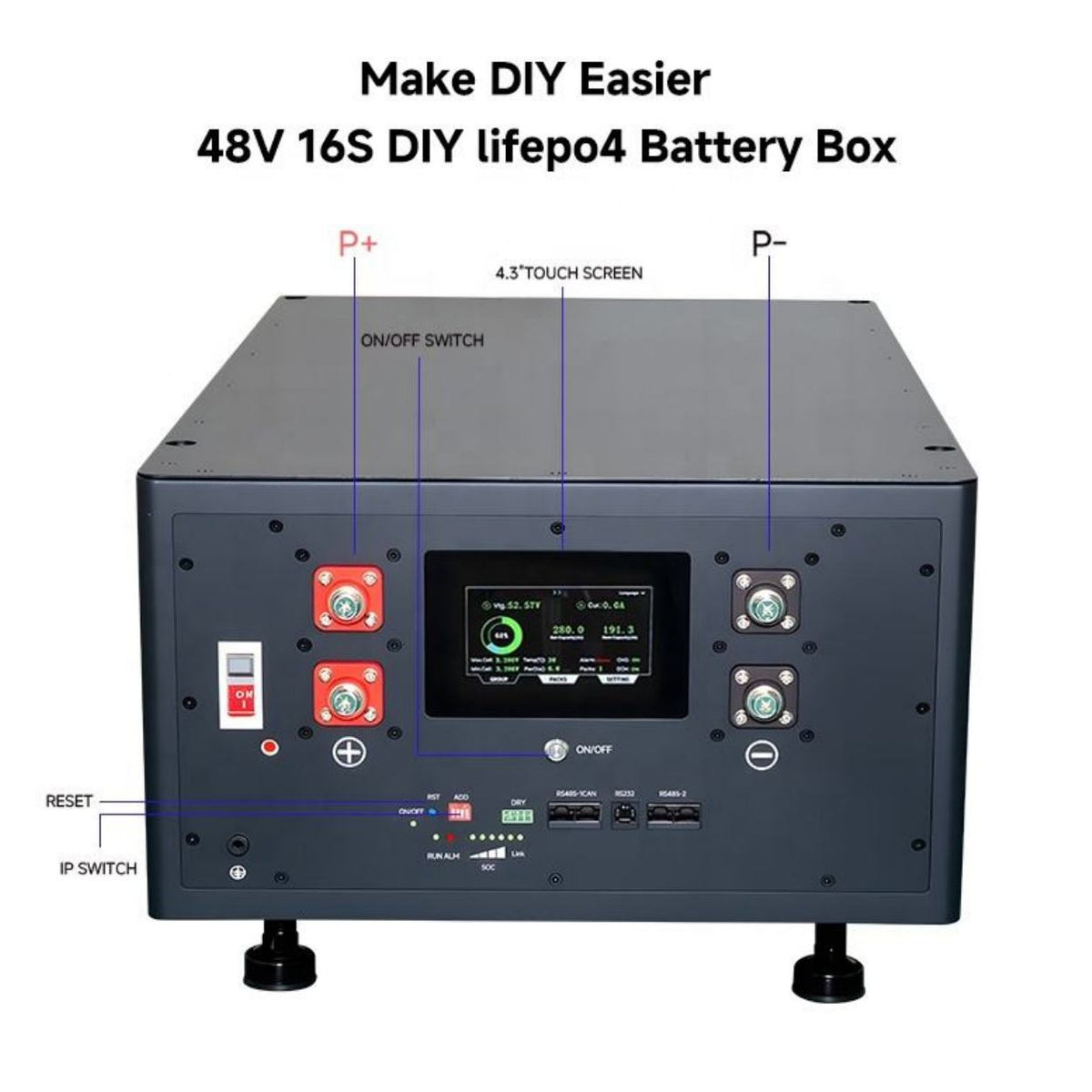 Boîtier DIY LiFePO4 16S 48/51,2 V avec écran tactile 4,3″