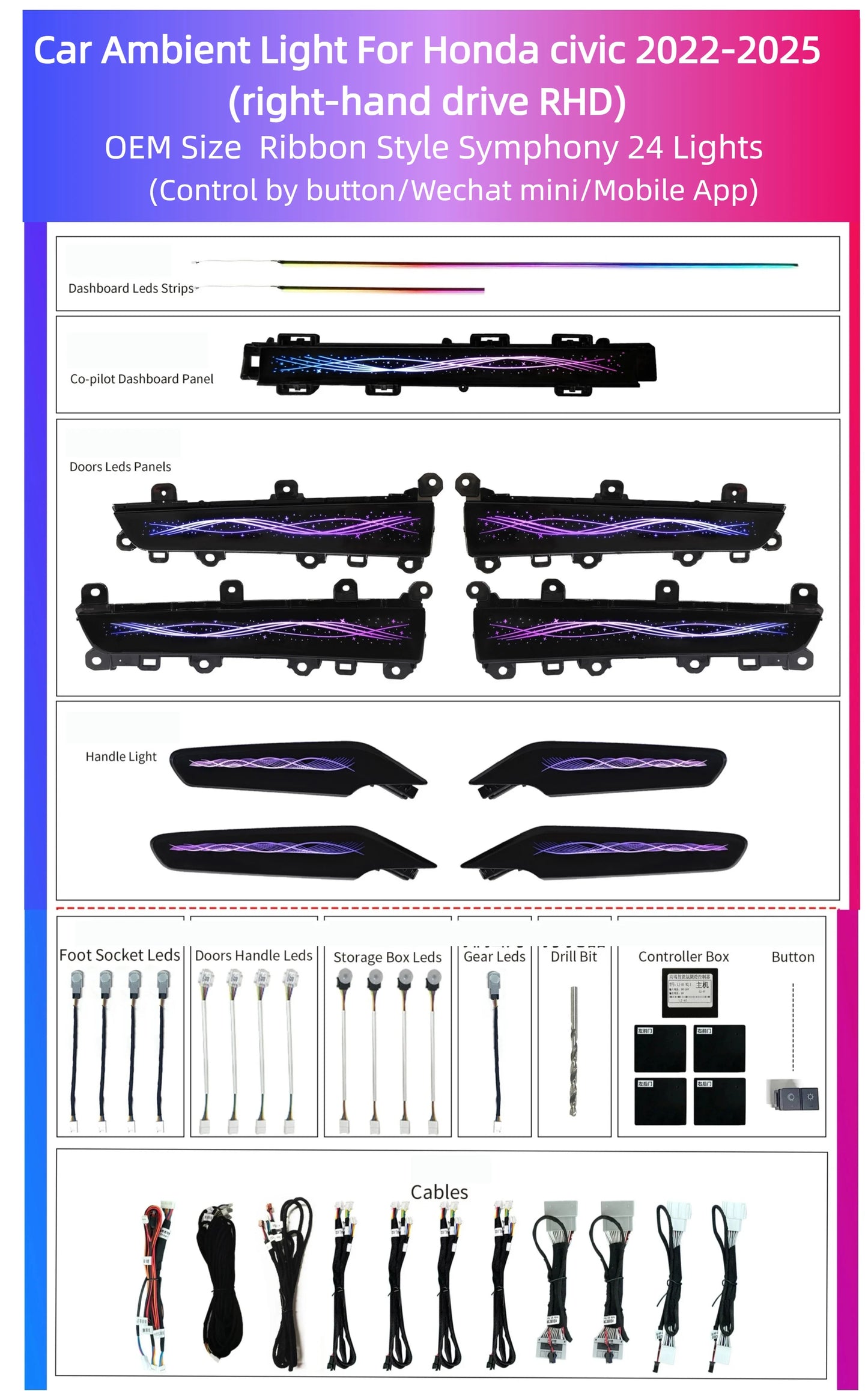 Kit éclairage LED d’ambiance intérieur pour Honda Civic 11th Gen (2022-2025) – RHD – vue 12