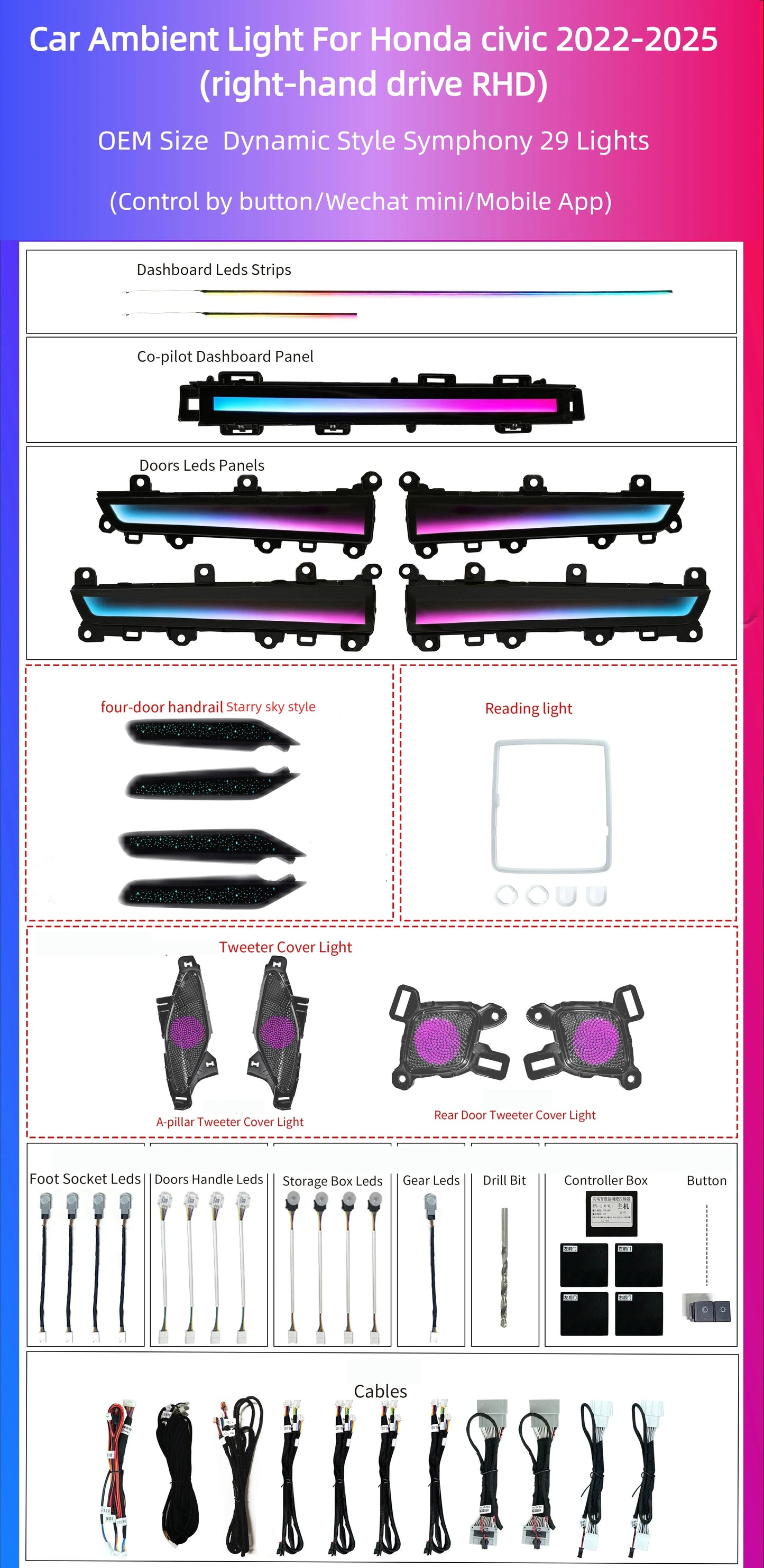 Kit éclairage LED d’ambiance intérieur pour Honda Civic 11th Gen (2022-2025) – RHD – vue 7