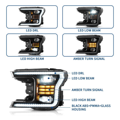 LED bloc optique avant projecteur double faisceau noir pour 2018–2020 Ford F150 13th Gen Facelifted – vue 2 – NOVADOMIO