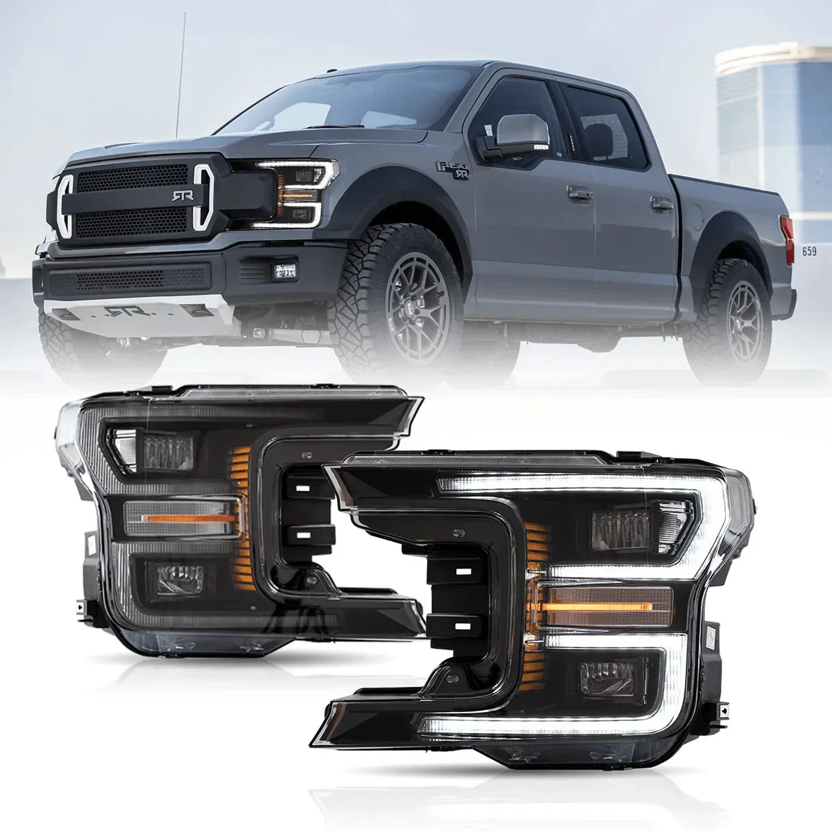 LED bloc optique avant Dual Beam Projector avec Start-up Animation noir/Chrome pour 2018-2020 Ford F150 13th Gen