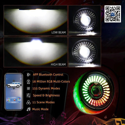 Lot de 2 7″ 80 W feux de route/croisement LED phare avec RGB Flowing anneau Halo commande par application pour Jeep Wrangler