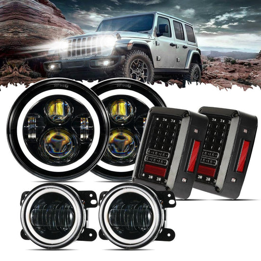 7'' LED Headlight Replacement avec Halo Ring, 4'' LED Fog Light & LED Smoke Tail Light Brake Reverse clignotant Lamp pour Je…