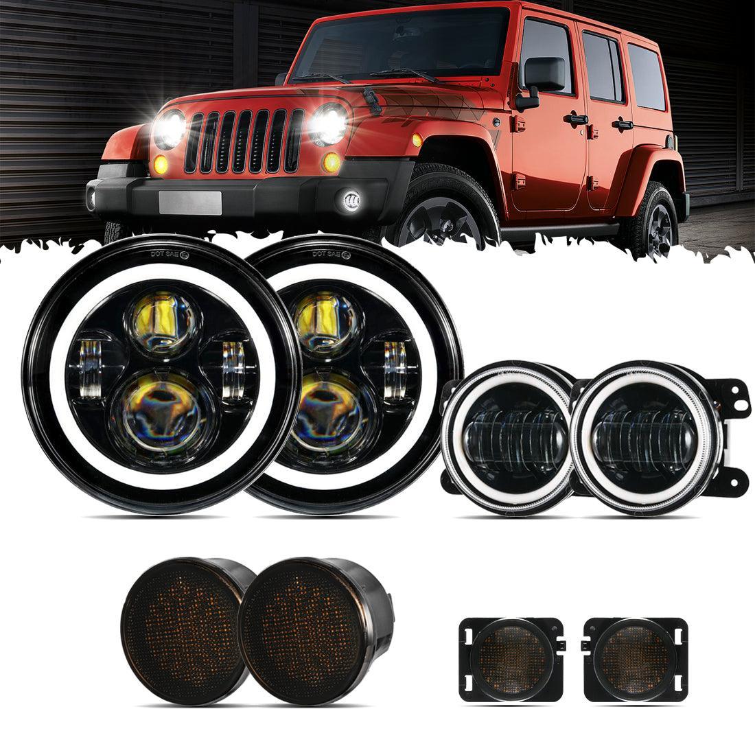 7" LED Headlight Replacement avec Halo Ring + 4" LED Fog Light + Front clignotant & Fender Flares feu latéral Light pour Jee…