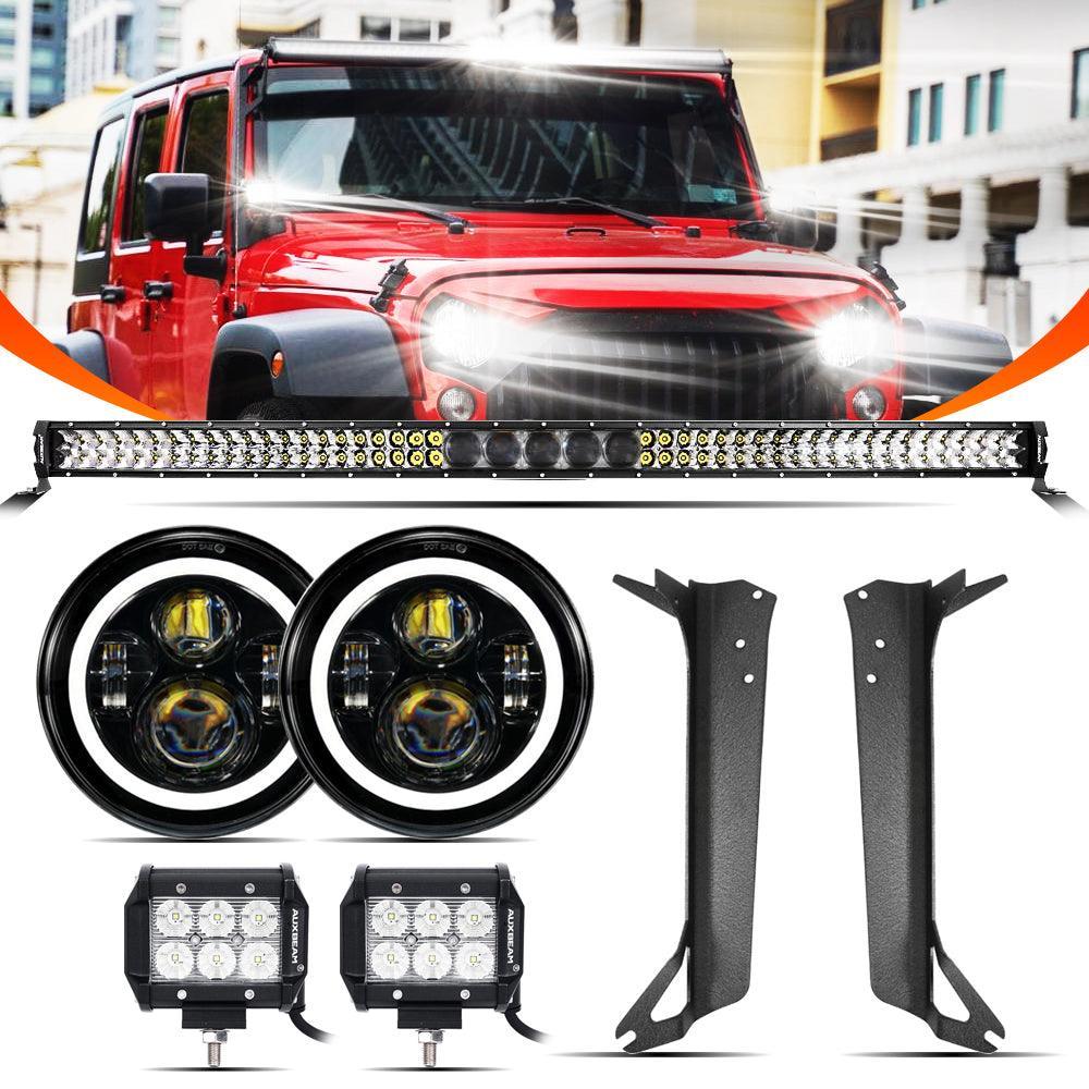 7" LED Halo Headlights + 5D-PRO 52" Straight Barres LED + Windshield Mounting Brackets + 18W faisceau large Pod Lights Set p…