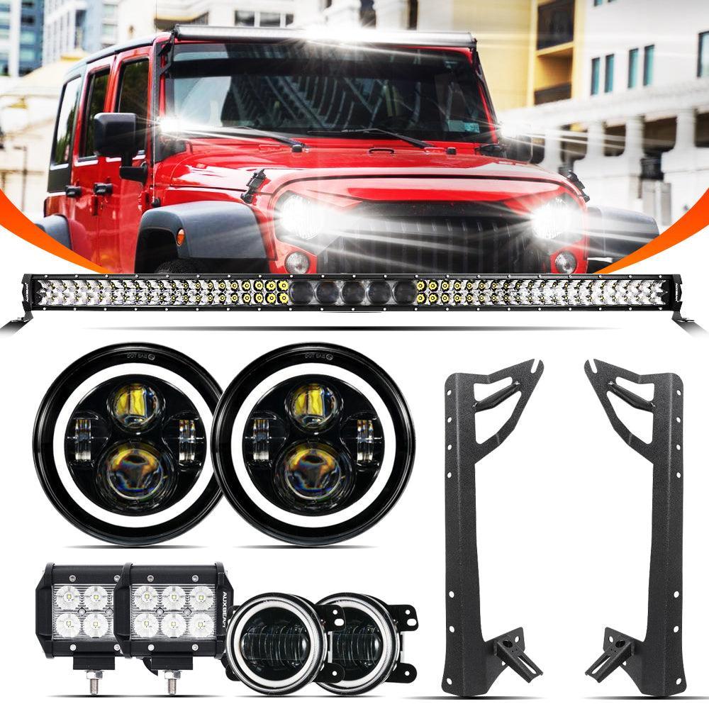 7" LED Halo Headlights + 4" Inch LED Fog Lights avec DRL + 5D-PRO 52" Straight Barres LED + Windshield Mounting Brackets + 1…