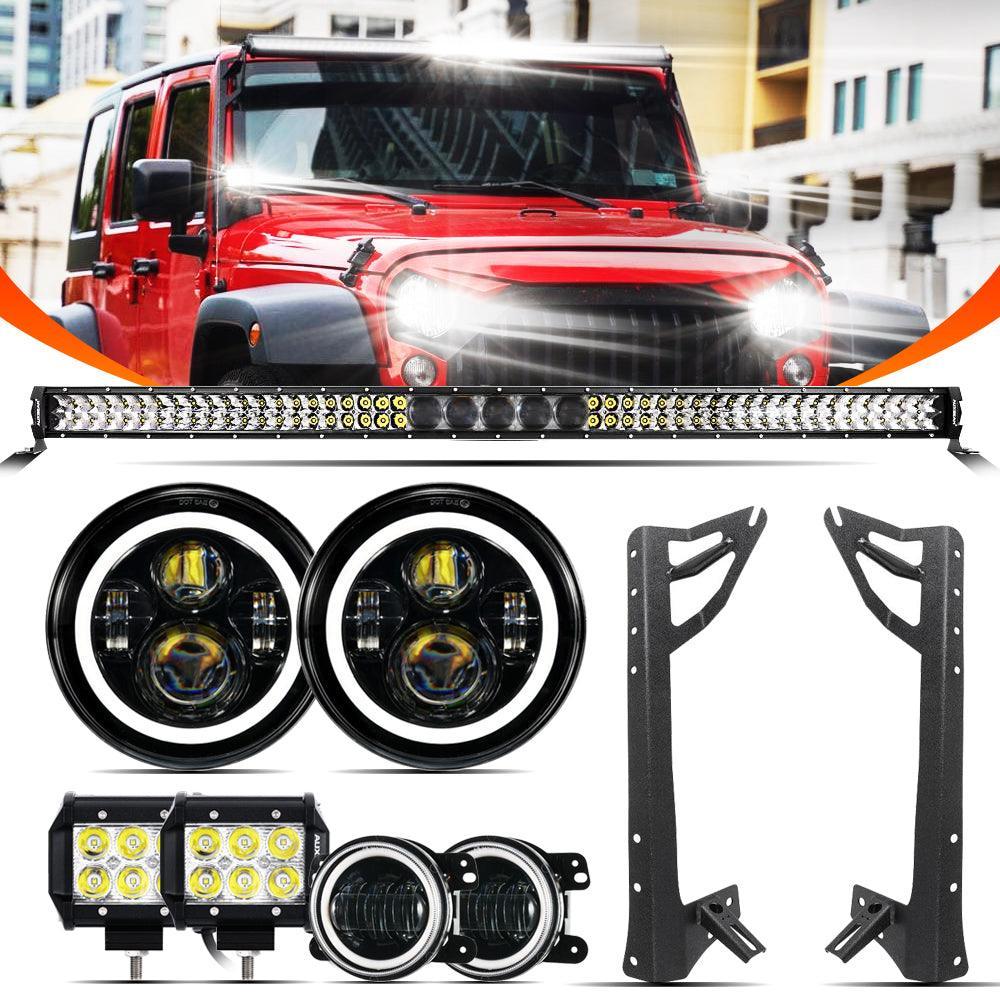 7" LED Halo Headlights + 4" Inch LED Fog Lights avec DRL + 5D-PRO 52" Straight Barres LED + Windshield Mounting Brackets + 1…