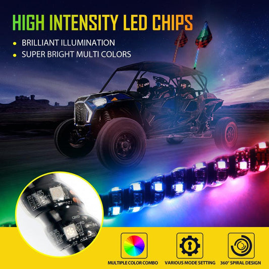 3FT/4FT LED RGB fouets LED avec Bluetooth/ télécommandé & noir universel mât lumineux support d’éclairage pour tous les UTVs