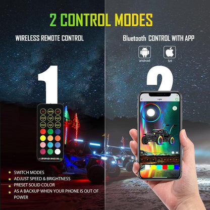 2 pièces 4FT RGB LED fouets LED avec clignotant & feu stop + RGB LED éclairages de soubassement kit avec commande Bluetooth