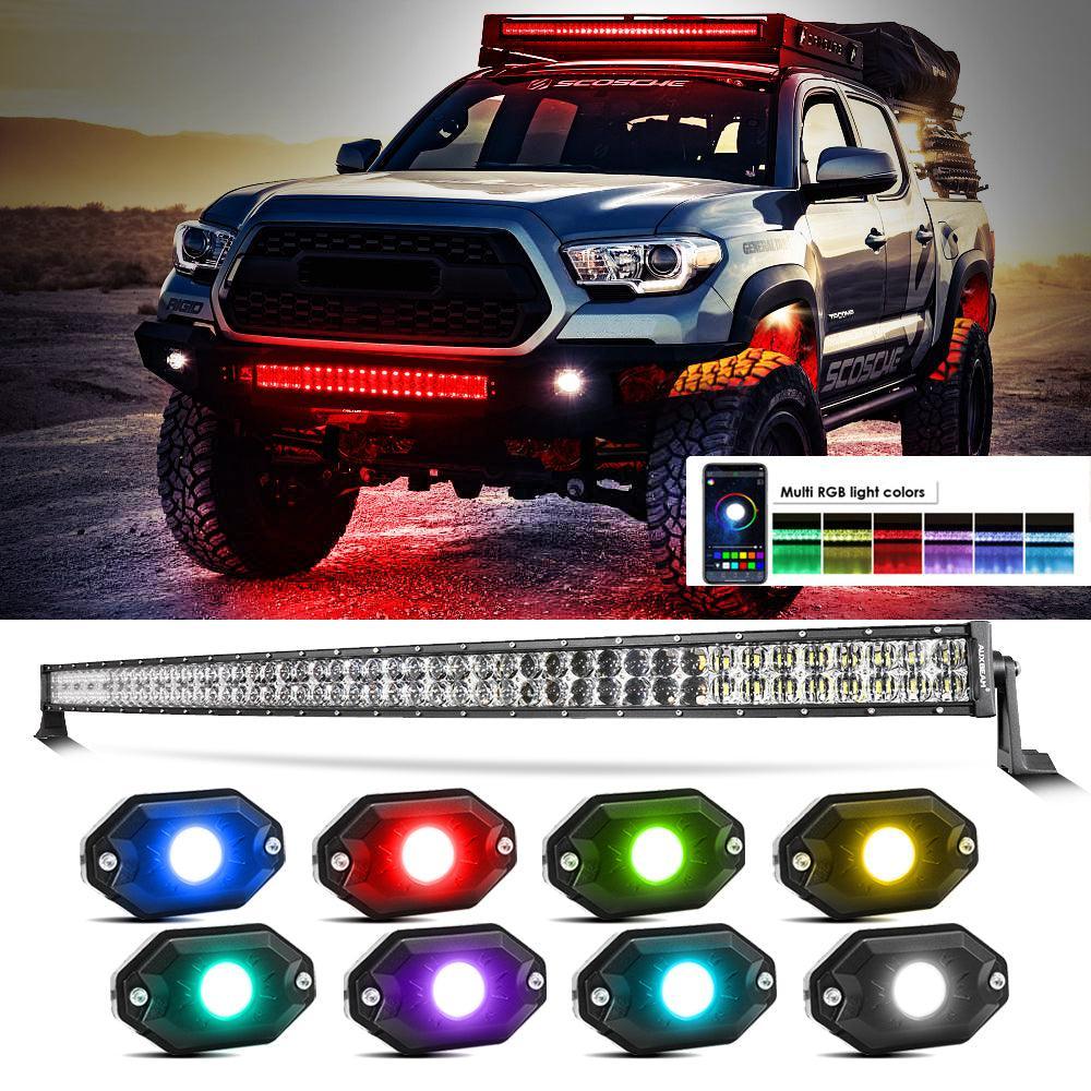 New 52 Inch V-PRO série Curved RGBW Color Changing Off Road Barres LED & RGB LED Rock Light Set Combo