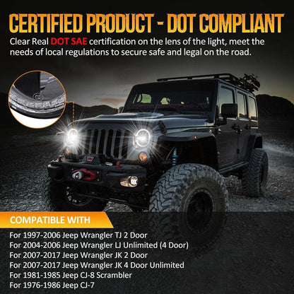 Lot de 2 7″ 90 W homologation DOT phares LED avec anneau Halo DRL & High feux de croisement pour Jeep Wrangler JK TJ LJ CJ