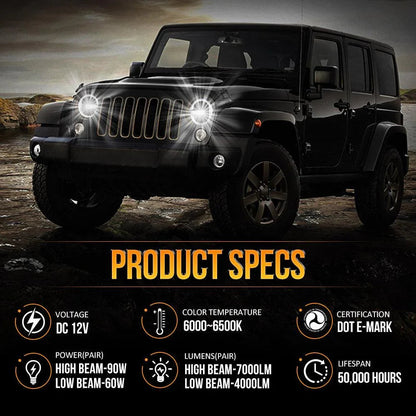 Lot de 2 7″ 90 W homologation DOT phares LED avec anneau Halo DRL & High feux de croisement pour Jeep Wrangler JK TJ LJ CJ