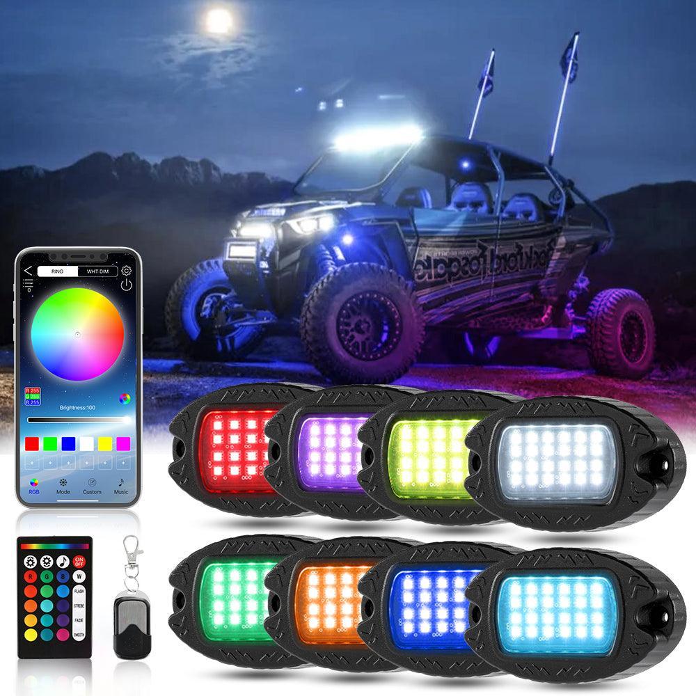 RGBW LED Rock Lights Kit avec Bluetooth APP & Télécommande sans fil, Multicolor Neon Underglow Lights avec Brake Light funct…