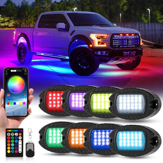 RGBW LED Rock Lights Kit avec Bluetooth APP & Télécommande sans fil, Multicolor Neon Underglow Lights avec Brake Light funct…