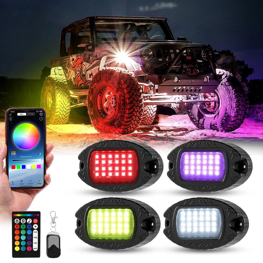 RGBW LED Rock Lights Kit avec Bluetooth APP & Télécommande sans fil, Multicolor Neon Underglow Lights avec Brake Light funct…