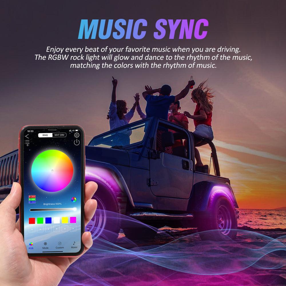 RGBW LED Rock Lights Kit avec Bluetooth APP & Télécommande sans fil, Multicolor Neon Underglow Lights avec Brake Light funct…