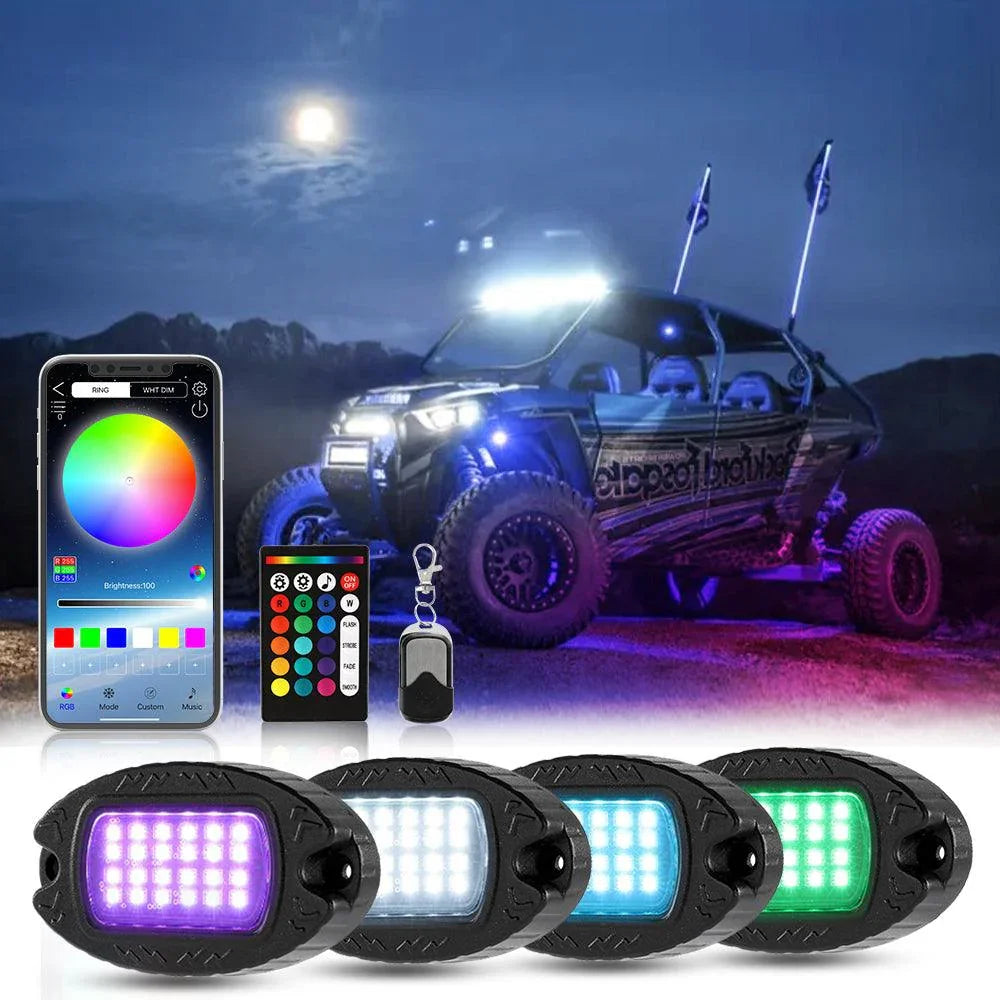 RGBW LED Rock Lights Kit avec Bluetooth APP & Télécommande sans fil, Multicolor Neon Underglow Lights avec Brake Light funct…