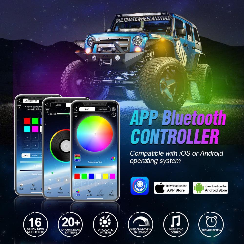 RGBW LED Rock Lights Kit avec Bluetooth APP & Télécommande sans fil, Multicolor Neon Underglow Lights avec Brake Light funct…