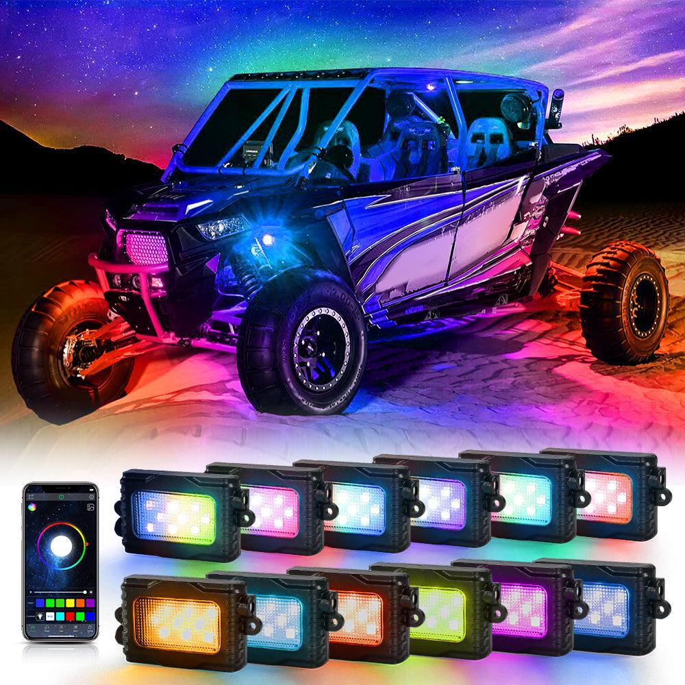 Magic Dream Color RGB LED Rock Lights Kit avec Bluetooth APP Control, Multicolor Chasing Neon Underglow Lights pour ATV UTV