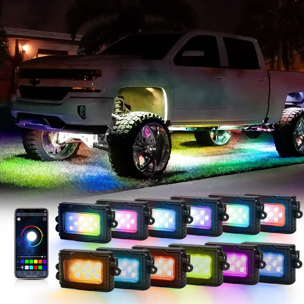 Magic Dream Color RGB LED Rock Lights Kit avec Bluetooth APP Control, Multicolor Chasing Neon Underglow Lights