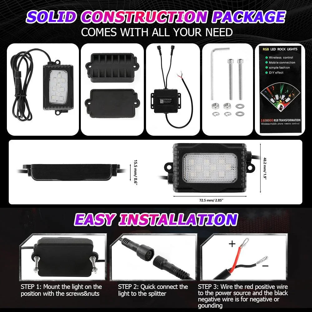 Magic Dream Color RGB LED Rock Lights Kit avec Bluetooth APP Control, Multicolor Chasing Neon Underglow Lights pour ATV UTV…