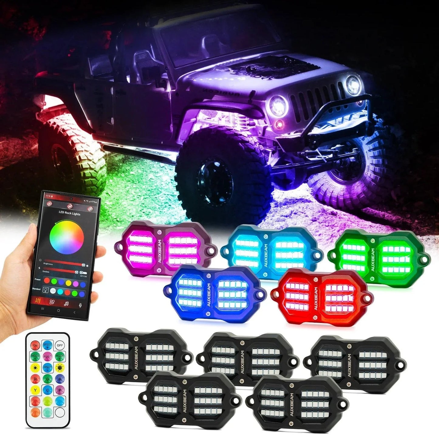 NEW Vibrant série | Upgraded RGB LED Rock Lights Kit Multicolor Neon Underglow Lights avec Bluetooth APP & Remote Control –…