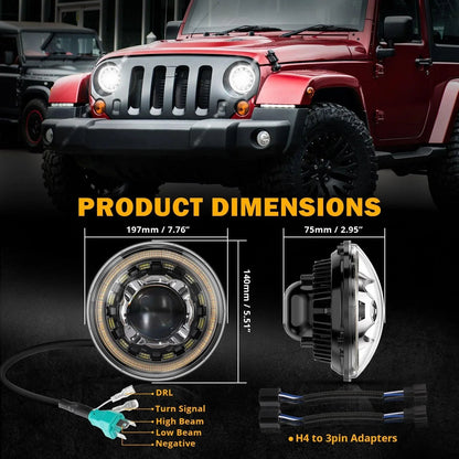 Starlight Flow série 7″ 135 W homologation DOT phares LED avec DRL&clignotant High feux de croisement pour Jeep Wrangler JK