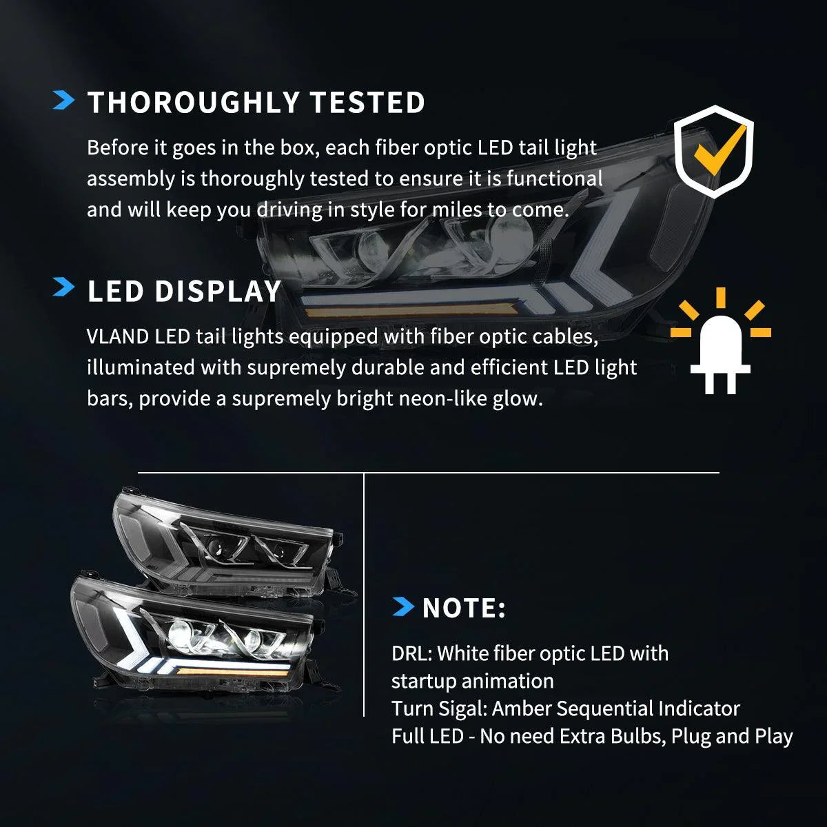 LED bloc optique avant 2nd Dual Beam Projector noir pour 2015-2020 Toyota Hilux SR5 8th Gens (GUN125, GUN126R) Pre-Facelift…