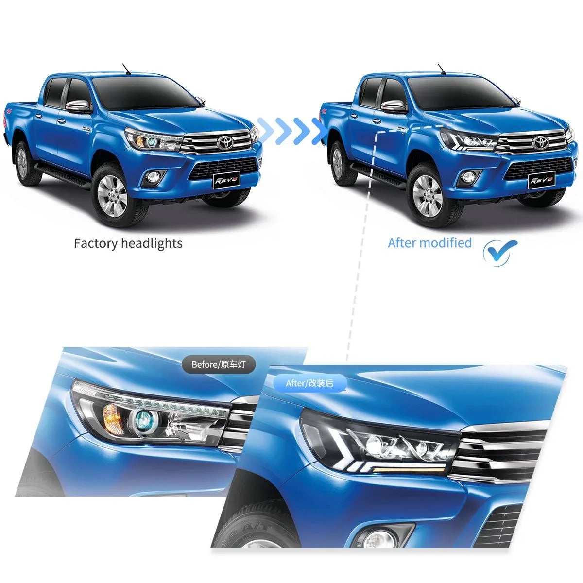 LED bloc optique avant 2nd Dual Beam Projector noir pour 2015-2020 Toyota Hilux SR5 8th Gens (GUN125, GUN126R) Pre-Facelift…