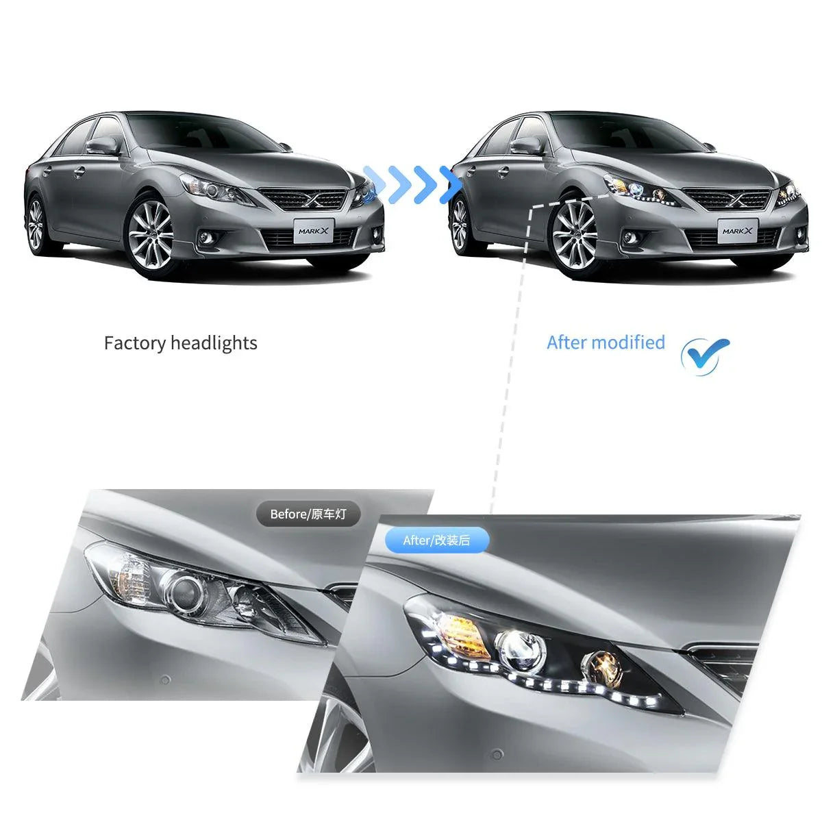 LED bloc optique avant Dual Beam Projector noir pour 2009-2013 Toyota Reiz/Mark X 2th Gen (GRX130) Pre-Facelift – vue 7
