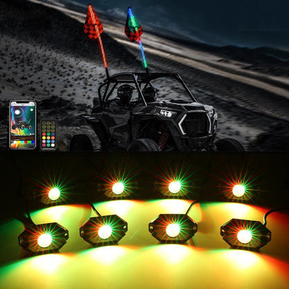 2 pièces 4FT RGB LED fouets LED avec clignotant & feu stop + RGB LED éclairages de soubassement kit avec commande Bluetooth