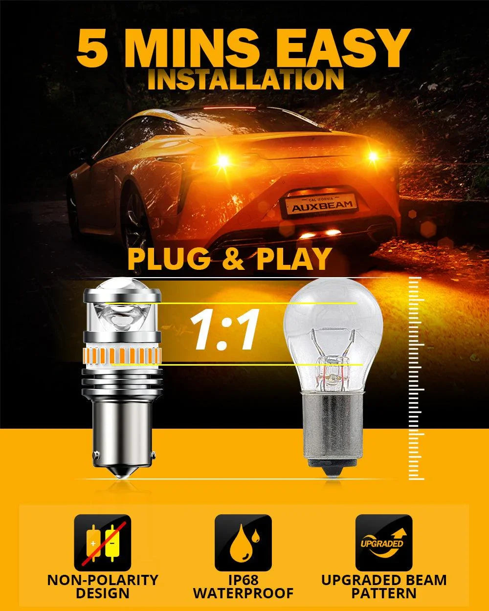 BAU15S 7507 Ampoules LED pour clignotants avant/arrière et feux latéraux 11W 4000ML 3500K orange B1 série – 2 ampoules – vue…