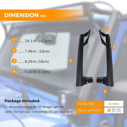 52″ droit Barres LED & 4″ projecteurs LED compacts & conception 2-en-1 pare-brise supports de montage pour Jeep Wrangler JK