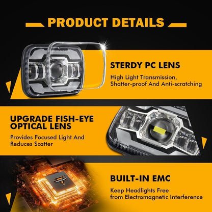 Starlight Flow série 7×6″ optique scellée phares LED avec feux de route/croisement & orange clignotant blanc DRL pour Jeep