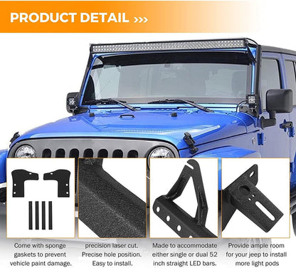52″ droit Barres LED & 4″ projecteurs LED compacts & conception 2-en-1 pare-brise supports de montage pour Jeep Wrangler JK