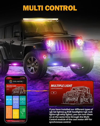 Upgraded RGB 7″ phares + 4″ antibrouillards Combo pour Jeep Wrangler JK avec commande par application – vue 6 – NOVADOMIO